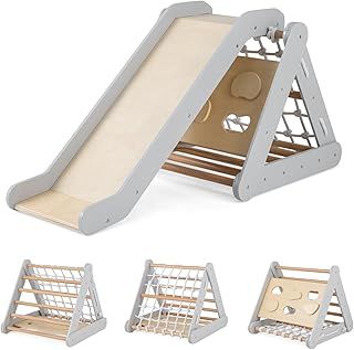 4 in 1 Kids Climbing Set, Wooden Toddler Climber with Slide, Outdoor Indoor 3 Sides Climbing Frame for 1 Years Old + Boys Girls (Natural+Grey)
