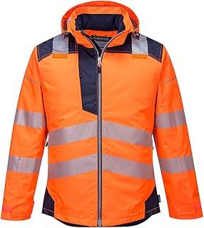 Portwest T400 Men's PW3 Lightweight Hi Vis Hooded Work Jacket Reflective Full Zip Safety Utility Quilt Lined Waterproof Workwear Orange/Navy, Large