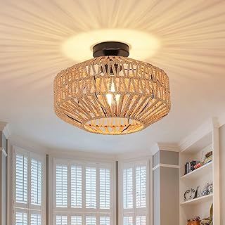 Vintage Bamboo Lantern Ceiling Light E27, Retro Hand-Woven Rattan Lampshade Lamp, Bohemian Pendant Light for Living Room Bedroom Kitchen Hallway