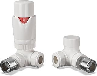 UK Radiators Thermostatic Radiator Valve (TRV) 15mm Corner Lockshield Valve in Glossy White Colour - Energy Saving 1/2" x 15mm Brass Corner Radiator Valve…