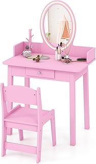 COSTWAY Kids Vanity Table and Stool Set, Princess Makeup Dressing Tables with 2-Color LED Lights Mirror, Tree-Shaped Jewelry Organizer, Drawer, Children Study Desk for Playroom Bedroom (Pink)