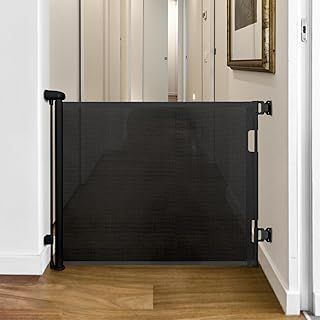 Retractable Stair Gate for Baby and Pets, Extra Wide Mesh Baby Safety Stair Gate, Extends up to 140cm Wide, 86cm Tall, One Handed Operation for Stairways Hallways (Black, 140 x 86cm)