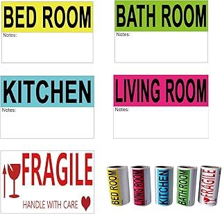 Home Moving Labels for 1 Bedroom House Apartment - 300 Count, 3 x 2 Inch, 5 Coloured Label Sticker Rolls, Fragile Packing Labels for Boxes and Moving House Essentials