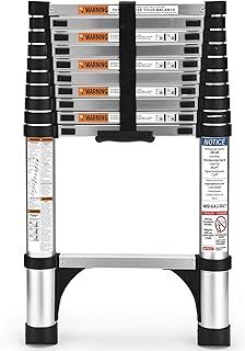 HBTower Telescopic Ladder with Non-Slip Feet, 3.2M/10.5FT Thickened High-Strength Aluminum Extendable ladders, Adjustable Height Collapsible Ladder for Caravans lofts, outdoors and Interiors,Silver