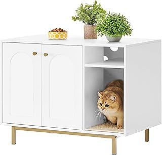 Cat Litter Box Enclosure, Hidden Litter Box Furniture with Scratching Mat, Wooden Pet House Side End Table, Tall Legs, Double Doors, 80 x 50 x 61 cm, White and Gold 01503GCLB