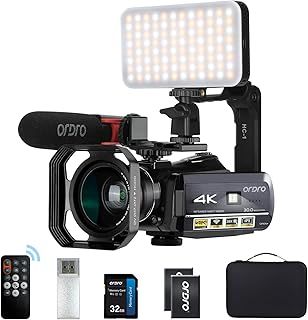ORDRO AC3 Camcorder Video Camera 4K 1080P 60FPS IR Night Vision Camcorder Ghost Hunting Camera with Microphone, LED Light, Wide-Angle Lens, Handheld Holder and Carrying Case
