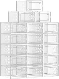 SONGMICS Shoe Boxes, Pack of 18 Stackable Shoe Storage Organisers, Foldable and Versatile for Sneakers, Fit up to UK Size 11, Transparent and White LSP18SWT
