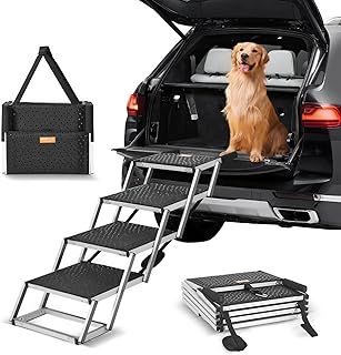 VEVOR Dog Stair, Wide 4-step Folding Dog Car Ramp with Nonslip Surface, Portable Pet Steps - Lightweight Aluminum for Car, SUV and Truck, Supports up to 150 lbs