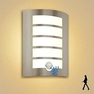 Allesgute Outdoor Wall Lights with PIR Motion Sensor, Curved Outside Light Mains Powered Stainless Steel IP44 Waterproof Wall Lamp Incl. 12W E27 LED Bulbs Warm White for Front Door Porch Stairway