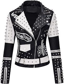 RISISSIDA Women Faux Leather Jacket Studded Rivet Spring Fall Winter Fashion, Moto Biker Trendy Clothes Streetwear Belted