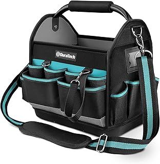 Heavy Duty 900D Open Tool Bag 30.5 x 22 x 30 cm | Electricians and Plumbers Bag With Rotatable Steel Tube Grip, Adjustable Shoulder Strap, and Multiple Pockets