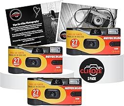 Disposable Camera Bundle with Novocolor APM401010 Single-Use Film Cameras with 27 Exposures x3 and Clikoze Disposable Photography Tips Card