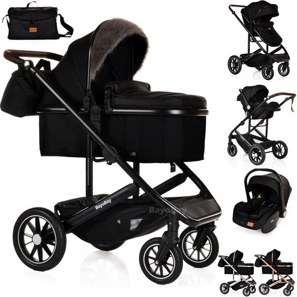 3 in 1 Travel System Baby Pram Buggy with Car Seat Pushchair Carriage Child Lightweight Folding Stroller for Newborns Toddlers from Birth up to 22kg New 2025 Style (BB1 - Black - Black, BB1)