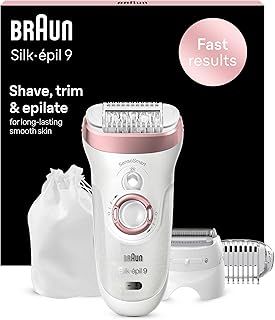 Braun Silk-épil 9 Epilator, With Shaver & Trimmer Head, Shave, Trim & Epilate For Long-Lasting Smooth Skin, Provides Smooth Skin For Weeks, 100% Waterproof, 2 Pin Bathroom Plug, 9-720, White/Pink