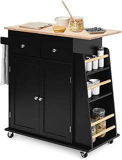 COSTWAY Kitchen Island on Wheels, Mobile Utility Storage Trolley Cart with Rubber Wood Countertop, 2-Door Cabinet, 2 Drawers, Adjustable Shelf, 3 Tier Spice Rack & Lockable Wheels, 88x45x90cm (Black)