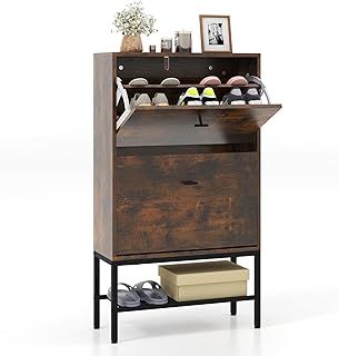 COSTWAY 2-Drawer Shoe Cabinet, Pull Down Wooden Shoe Cupboard with 2 Flip Doors and Bottom Metal Shelf, Freestanding Narrow Shoe Storage Organiser Footwear Stand for Hallway Entryway (Rustic Brown)