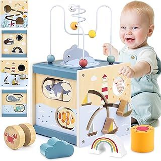 Airlab Wooden Activity Cube Baby Toys for 1 Year Old, 1st Birthday Gifts for Girls and Boys, 12+ Months Montessori Toys with Bead Maze Shape Sorter Educational Sensory Toys for Kids Age 1 2 3