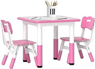 Kids Table and Chair Set, 3 Pcs Height Adjustable Activity Table Set with 2 Chairs, Easy to Wipe Arts & Crafts Table, for Classrooms, Daycares, Homes - Pink