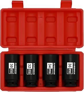 CASOMAN 4 Pieces 1/2" Dr. Heavy Duty Impact Socket Set, 12-Point, Metric, CR-MO, 30,32,34,36mm, 1/2-Inch Drive Deep Spindle Axle Nut Impact Socket Set