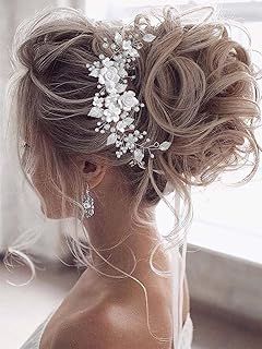 Vakkery Flower Bride Wedding Hair Vine Pearl Hair Accessories Bridal Headband Headpiece for Women and Girls (Silver)
