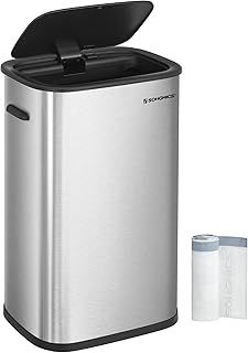 SONGMICS Kitchen Bin 50L, Sensor Bin, Automatic Rubbish Bin with Soft-Close Lid and Bag Retainer Ring, Stainless Steel Waste Bin, 15 Rubbish Bags Included, Silver LTB610E50