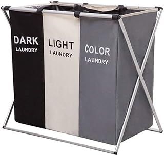 Large Foldable Laundry Basket with 3 Compartments, Stainless Steel Holder, Dirty Laundry Bag with Handle for Bathroom, Bedroom, Home (Classic model)