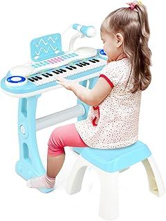 37 Keys Kids Piano Keyboard, Toddler Electric Piano with Stool, Microphone, Flashing Lights, Music Score, Record and Playback, Musical Instrument Electronic Keyboard for Boys Girls (Blue)