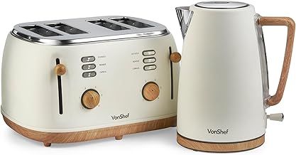 VonShef Kettle and Toaster Set Black – Nordic 1.7L Rapid Boil Kettle 3000W & 4 Slice Wide Slot Toaster 1500W with 6 Browning Controls & High Lift - Fika Range