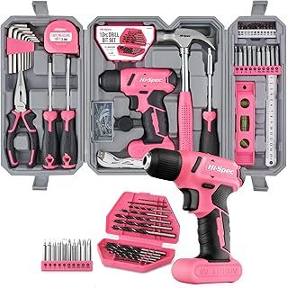 Hi-Spec 57pc Pink Hand Tool Kit Drill Set 8V USB Cordless Electric Screwdriver with Drill Bits Set. Woman Toolbox for Home & Office DIY Repair, Maintenance & Everyday Use.