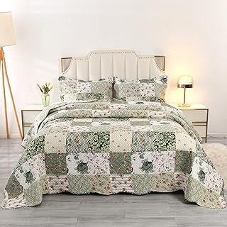 Qucover Green Floral Patchwork Bedspread King Size, Soft Lightweight Breathable Polyester Ultrasonic Quilting Bedspread Coverlet Set with 2 Pillow Shams, 230x260cm