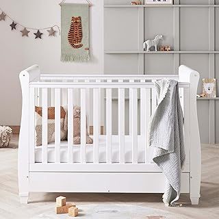 Eva Sleigh Cot Bed White - Drop Side Bed With Mattress Included, Baby Cot Bed With Teething Rail & Drawer, Convertible to Toddler Bed & Day Bed,| 3 Adjustable Bed Base Positions (White)