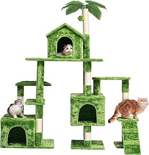 Cat Tree Tower for Indoor Cats, Multi Level Cat Castle with Scratching Boards, Large Plush Perch & Cat Condo with Leaves for Kittens, Adult Cats, Green