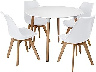 Charles Jacobs White Circular Dinner Table Set with 4 Dining Chairs - White
