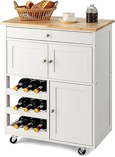 Kitchen Storage Trolley on Wheels, Rolling Serving Island Cart with Drawer and Wine Racks, Wooden Storage Display Cabinet for Dining Room Restaurant & Bar (Natural + White)