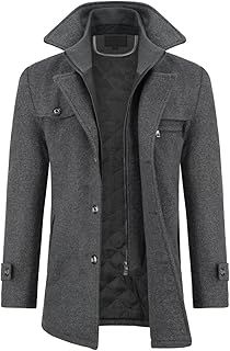 Allthemen Mens Winter Padded Coat Wool Trench Overcoat Mid Length Coat Jacket Casual Slim Fit Coat Jacket