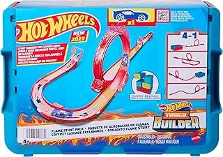 Hot Wheels Toy Car Track Set, Track Builder Playset Flame Stunt Pack with 16 Component Parts & 1:64 Scale Vehicle in Modular Storage Container, HMC04