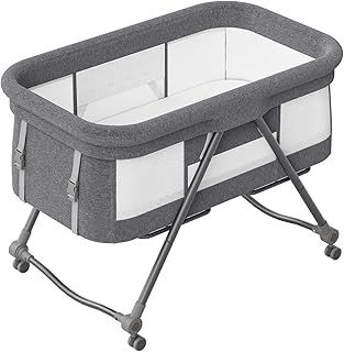 Grab-and-go Travel Cot, Baby Crib with Mattress I Silent Wheels, Baby Bedside Crib | Rocking Crib Convertible, XYT-001 (Gray - Bravo Basic)