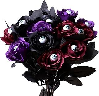 12pcs Halloween Flowers with Eyes, Scary Indoor/Outdoor Black Red Purple Roses with Eyeballs, Fake Flowers Bouquets for Pot Garland Party Home Decor