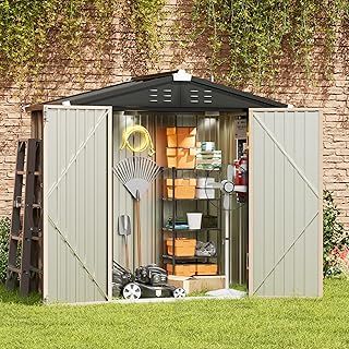 Amopatio Metal Garden Storage Shed 6x4 ft, Outdoor Tool Storage Shed 200x131x192 cm, BikeShed Waterproof with Lockable Door for Winter, Backyard, Patio, Garbage Bin, Tools, Brown