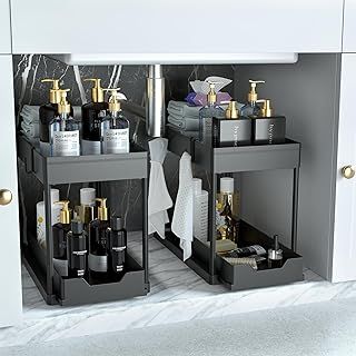 Under Sink Storage 2 Pack, 2 Tier Sliding Organiser, Multi-Purpose Shelf Organiser, Pull Out Cabinet Basket Drawer (Black)