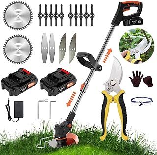 Strimmer, Cordless Strimmer, Garden Strimmer, Electric Cordless with 2 X 21V Lithium Battery, Metal Blade Strimmer With 3 types of blades, Grass Strimmer Retractable, Suitable for Garden Lawn