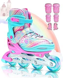 Sportneer Inline Roller Skates, Roller Boots Adjustable Size 11-7 with Illuminating Wheels Roller Blades Protective Gear Set for Gilrs Women