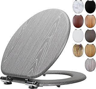 Grey Wood Toilet Seat with Soft Close Adjustable Solid Hinges, MDF Wooden Oval Toilet Seat (2402)