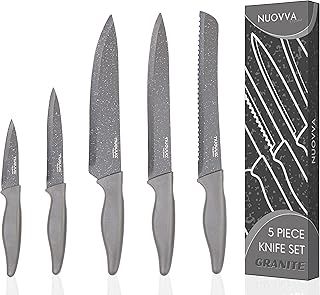 nuovva Professional Kitchen Knife Set – 5pcs Grey Kitchen Knives – Stainless Steel Granite Non Stick Blades – Chefs, Filleting, Bread, Paring and Utility Knives