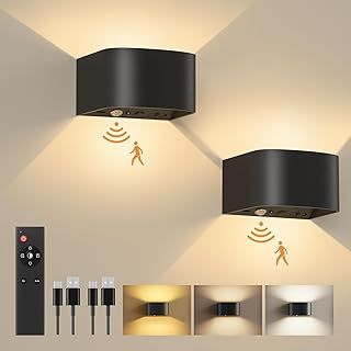 FULEN Wall Lights with Motion Sensor, Remote Control, 3 Colors, Up and Down Indoor LED Wall Sconces, On and Auto Modes, 5000mAh Rechargeable Battery Operated Wall Lamps, Brightness Adjustable