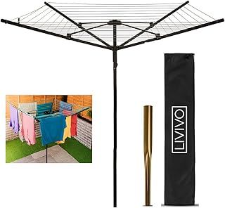 LIVIVO Heavy Duty Folding 4 Arm Rotary Garden Washing Line Clothes Airer Dryer, 45m with Cover, Metal Ground Spike Included