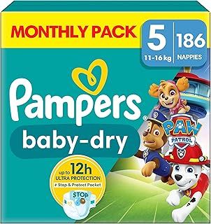 Pampers Baby-Dry Paw Patrol Edition Size 5, 186 Nappies, 11kg-16kg, Monthly Pack, Up to a 100% Leak-Free & Comfortable Night