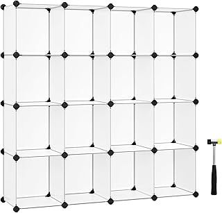 SONGMICS 16 Storage Unit, Shoe Rack, DIY Shelving System, Stackable Cubes, PP Plastic Shelf, Wardrobe, Closet Divider, for Bedroom, Office, White, 153 x 31 x 153 cm