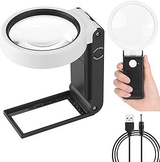 Xnourney Magnifying Glass 10X 30X with Light and Stand, Handheld Standing LED Illuminated Magnifier, Folding Reading Magnifying Glass with for Seniors Read, Coins, Stamps, Map, Jewelry, Close Work
