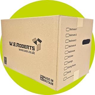 10 Strong Large Cardboard Storage Packing Moving House Boxes with Carry Handles and Room List – Ideal for Storage, Moving, and Packing 18" x 11" x 11" internal. Made in the UK